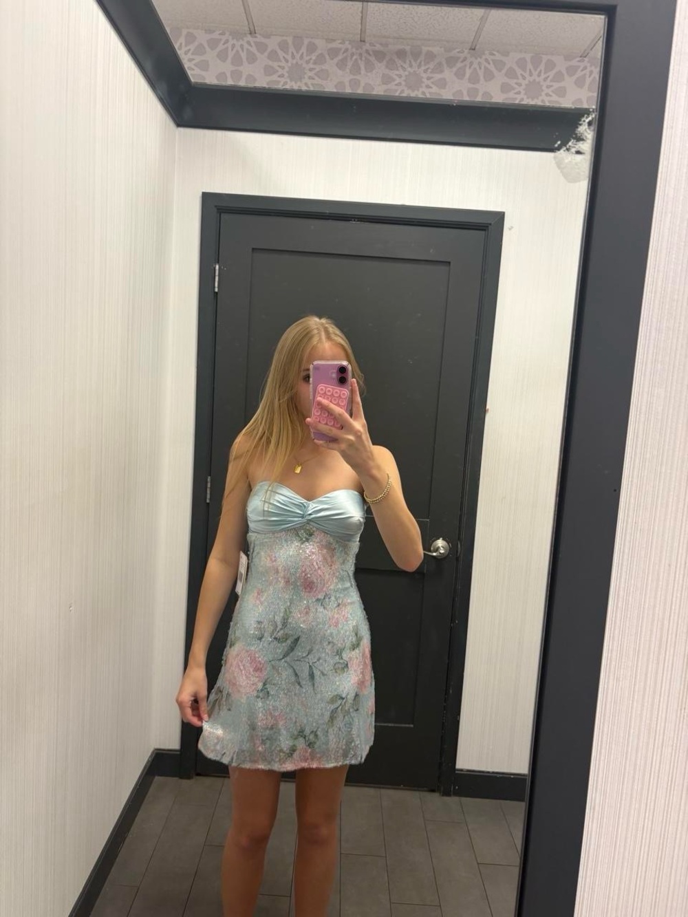 Strapless Floral Lace Mini Dress in Light Blue and Pink
